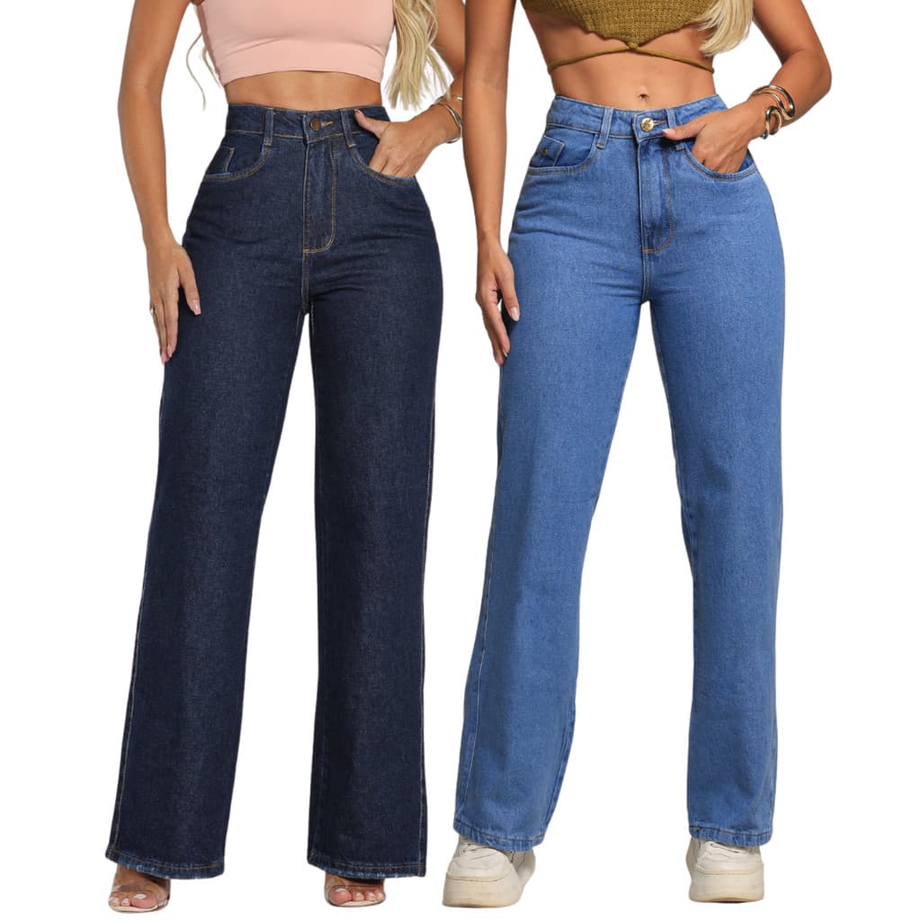 KIT 2 Calça Feminino Wide Leg Jeans Premium Cintura Alta Mom DIA a Dia