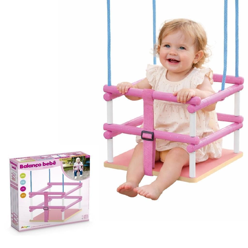 Balanco Infantil Cadeirinha Em Madeira Rosa Meninas 35Kg Playground Assento Grade Protecao Ergonomico Cinto De Seguranca