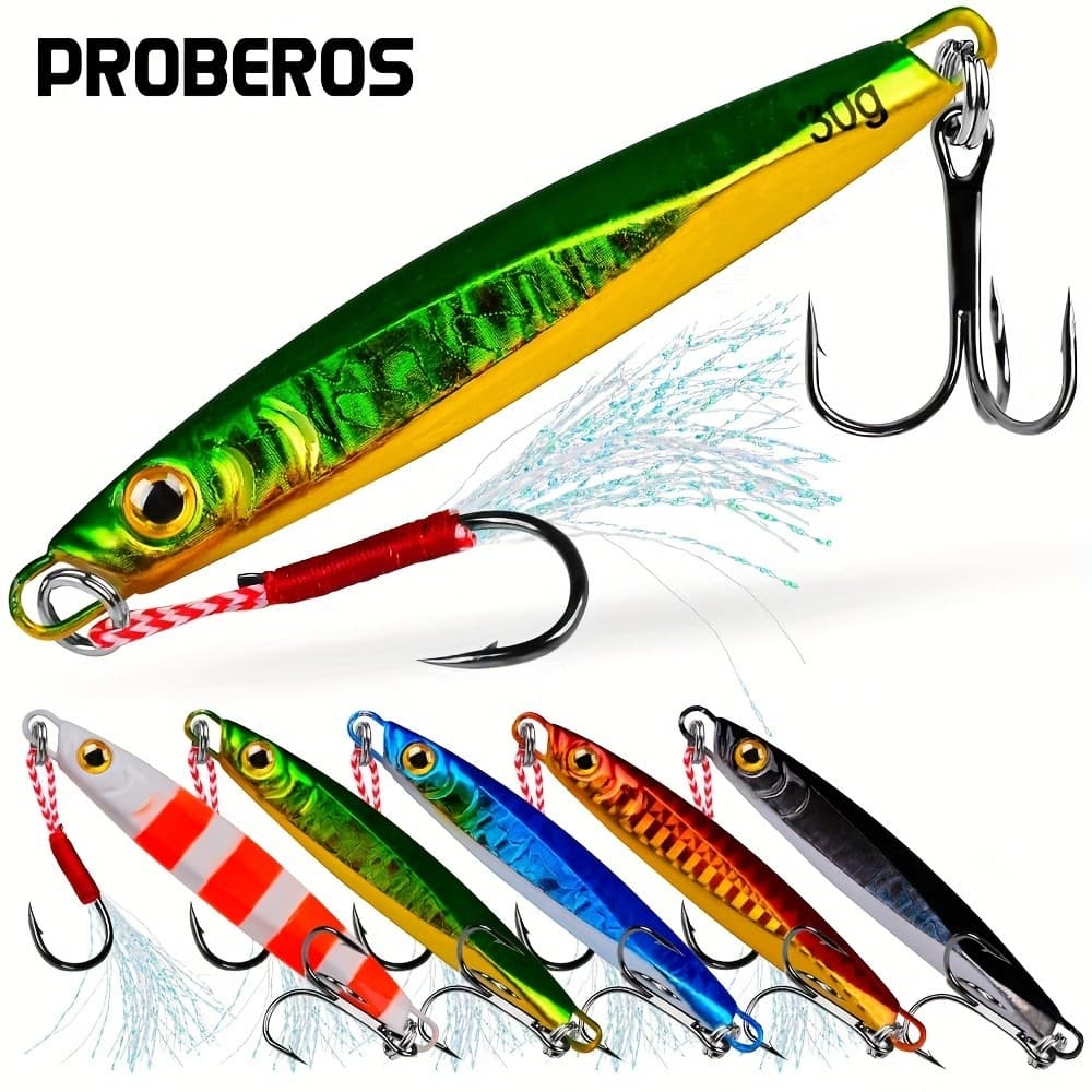 Isca Metálica Proberos com Cabeça de Chumbo - Verde Vibrante e Amarelo, Plástico Sem Penas, Ideal para Pesca em Água Doc