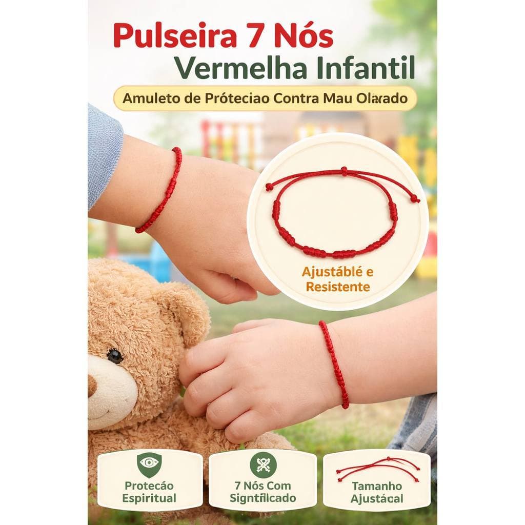 Pulseira 7 Nós Vermelha Infantil Ajustável Amuleto de Proteção Contra Mau Olhado Bebê e Criança MT01