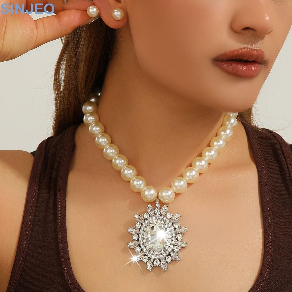 Conjunto De Joias De Imitação De Pérola SINJEO , Brincos De Colar De Luxo De Cristal Elíptico , Strass Incrustado
