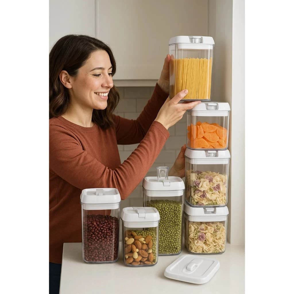 Kit 7 Potes Acrílico Armazenamento Arroz Feijão Cereais Condimentos Recipiente Conserva Hermético