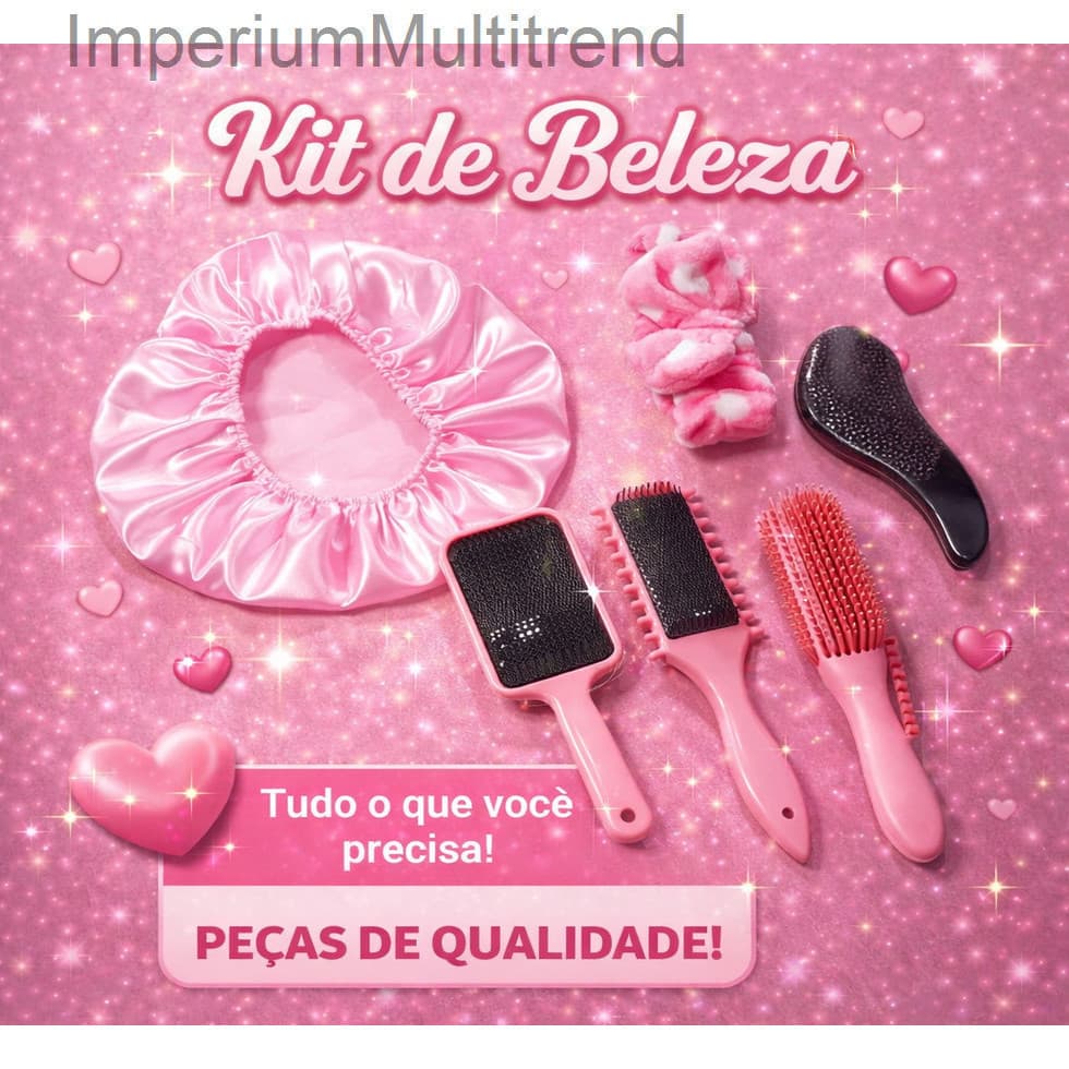 Kit Capilar 6 Peças - Touca de Cetim, Faixa Skincare, Escova Raquete, Escova Fitagem, Escova Polvo e Escova Mágica4U1A