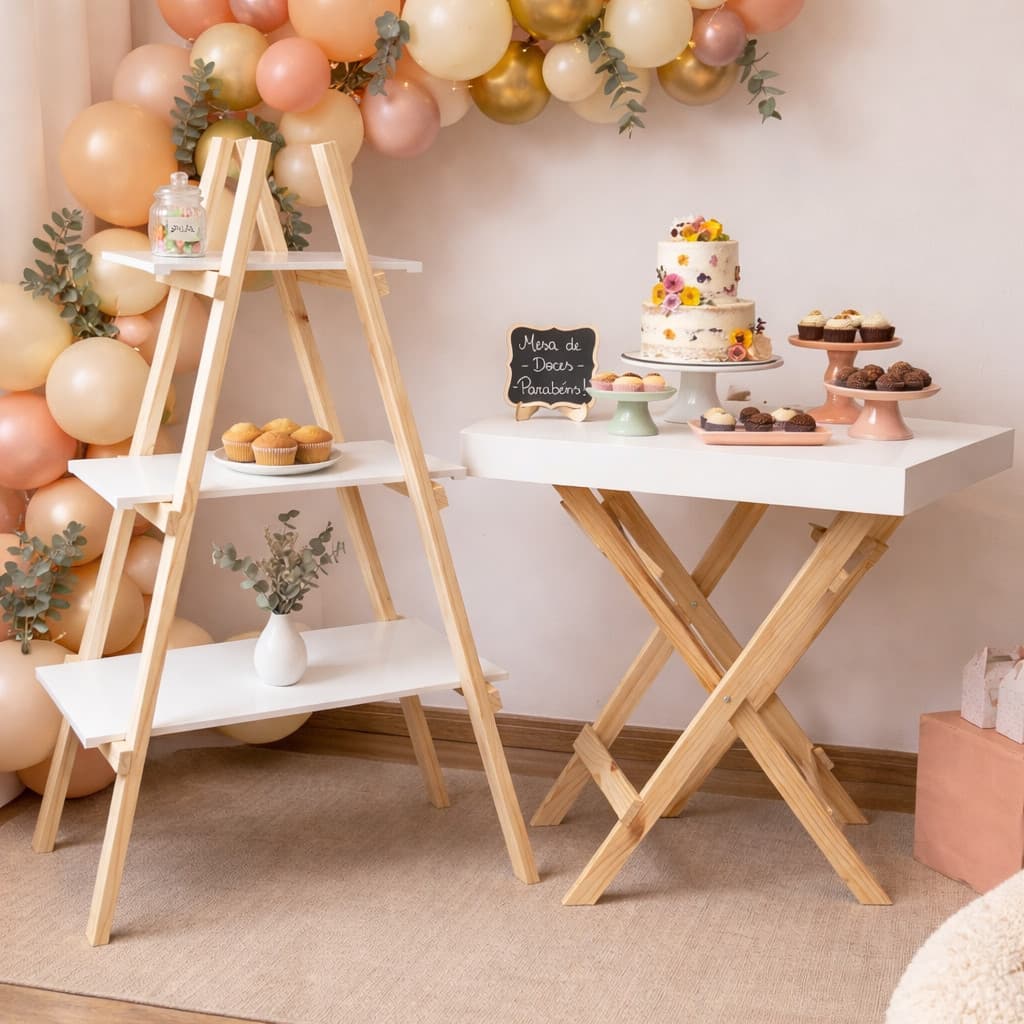 Kit Escadinha 3 Degraus + Mesa Cavalete Dobrável 70cm Festa Pegue Monte Mesa Doce Buffet Decoração