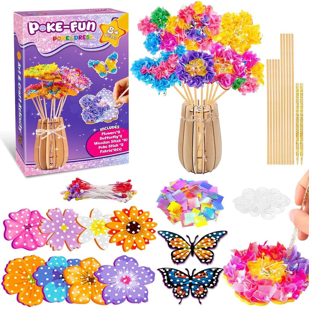 Poke Art and Craft Flower Bouquet Kits for Girls, 8 Flowers & 2 Butterflies with Wooden Vase, Mess Free DIY Creative Act