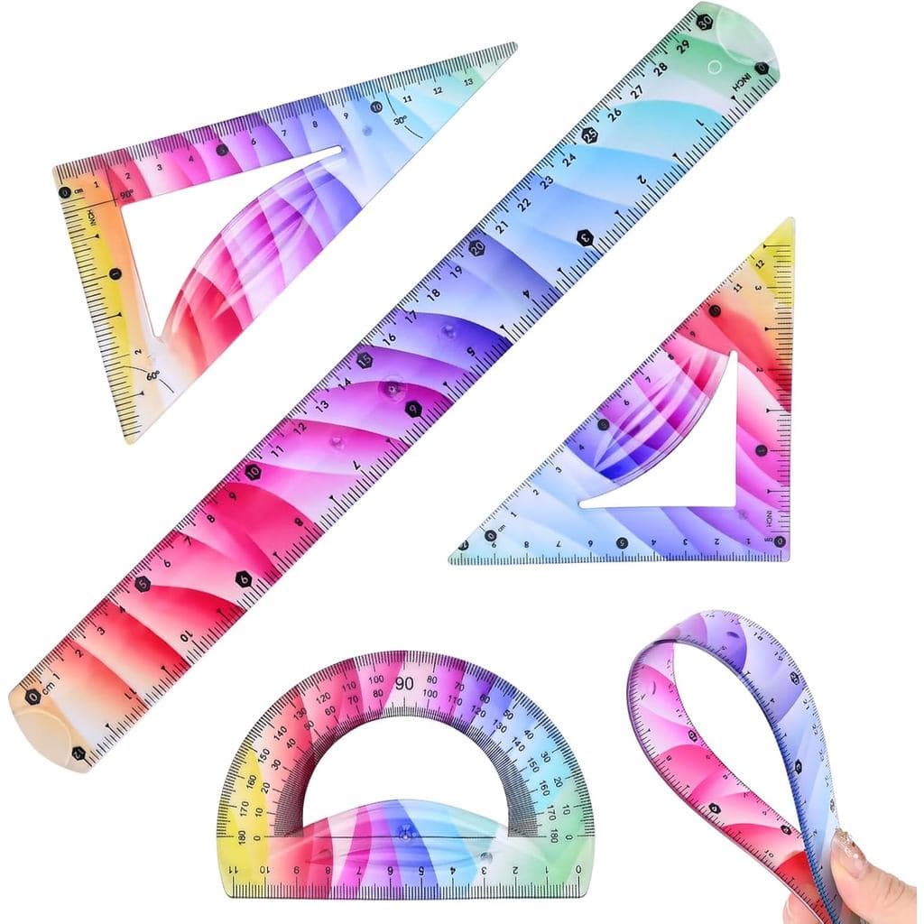Conjunto de 4 Réguas Flexíveis, Kit de Geometria Colorido, Réguas Plásticas Maleáveis e Inquebráveis, Régua Transparente