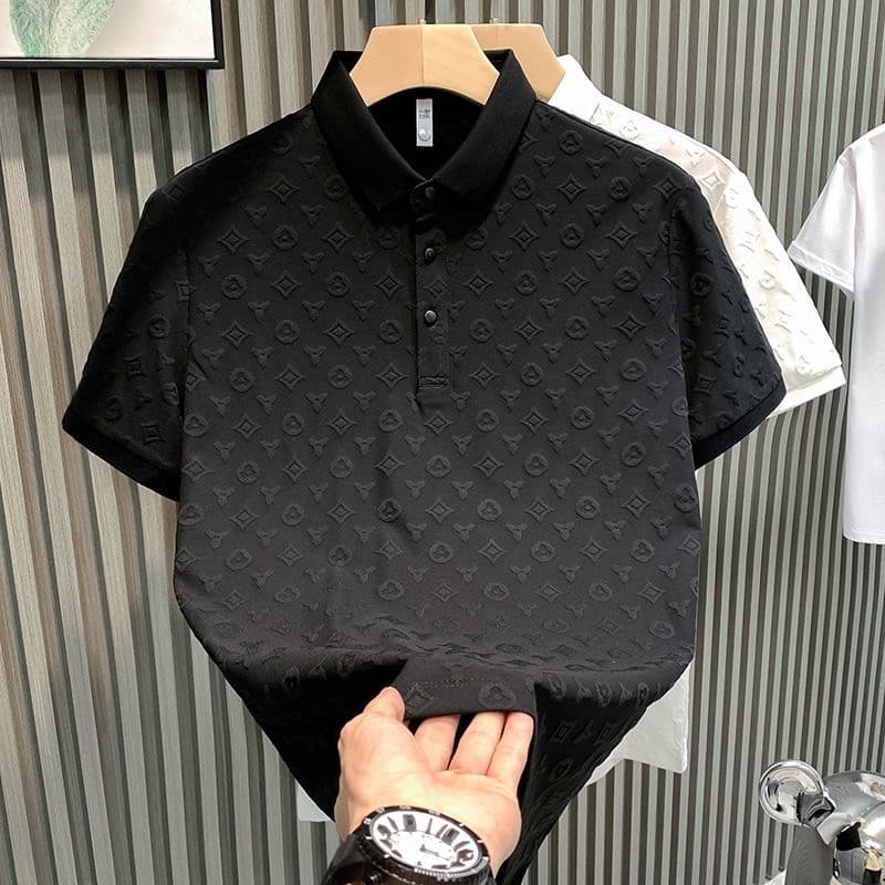 Street Wear All-Match na moda de manga curta camiseta masculina moda luz luxo Jacquard Casual juventude magro-ajuste lap