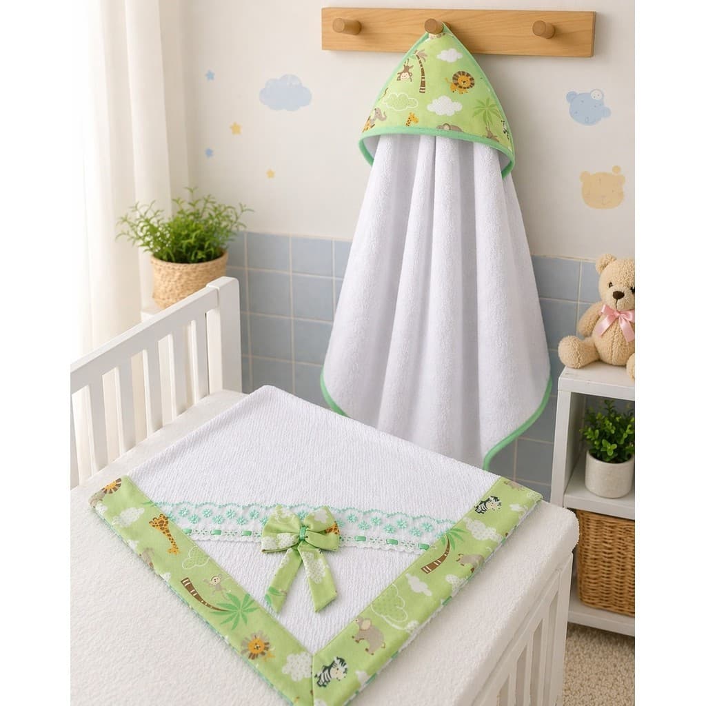 Toalha de Banho com Capuz 100% algodão + Manta Picquet com Laço Estampada