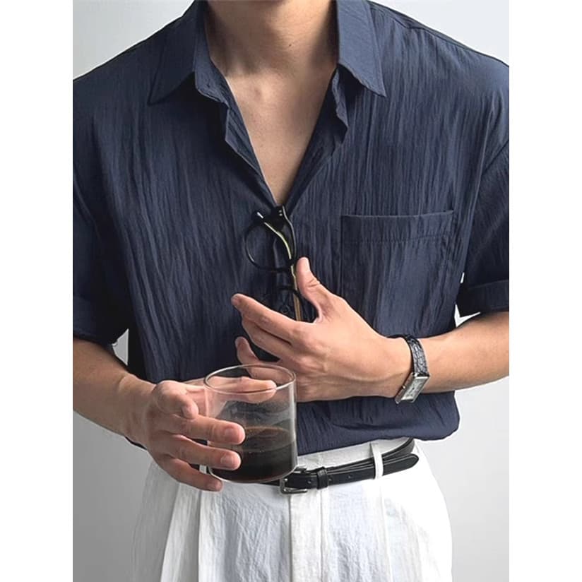 Camisa de pano enrugado de linho de algodão estilo dinheiro antigo masculina estilo fino respirável bolso único manga cu