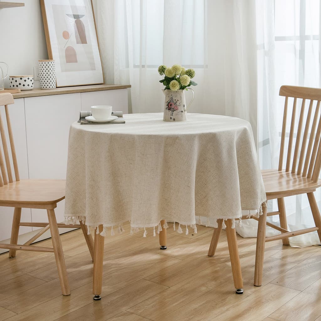 Toalha De Mesa Redonda Linho E Poliéster Com Franjas Estilo Japonês Minimalista Bege Decoração Cozinha Jantar