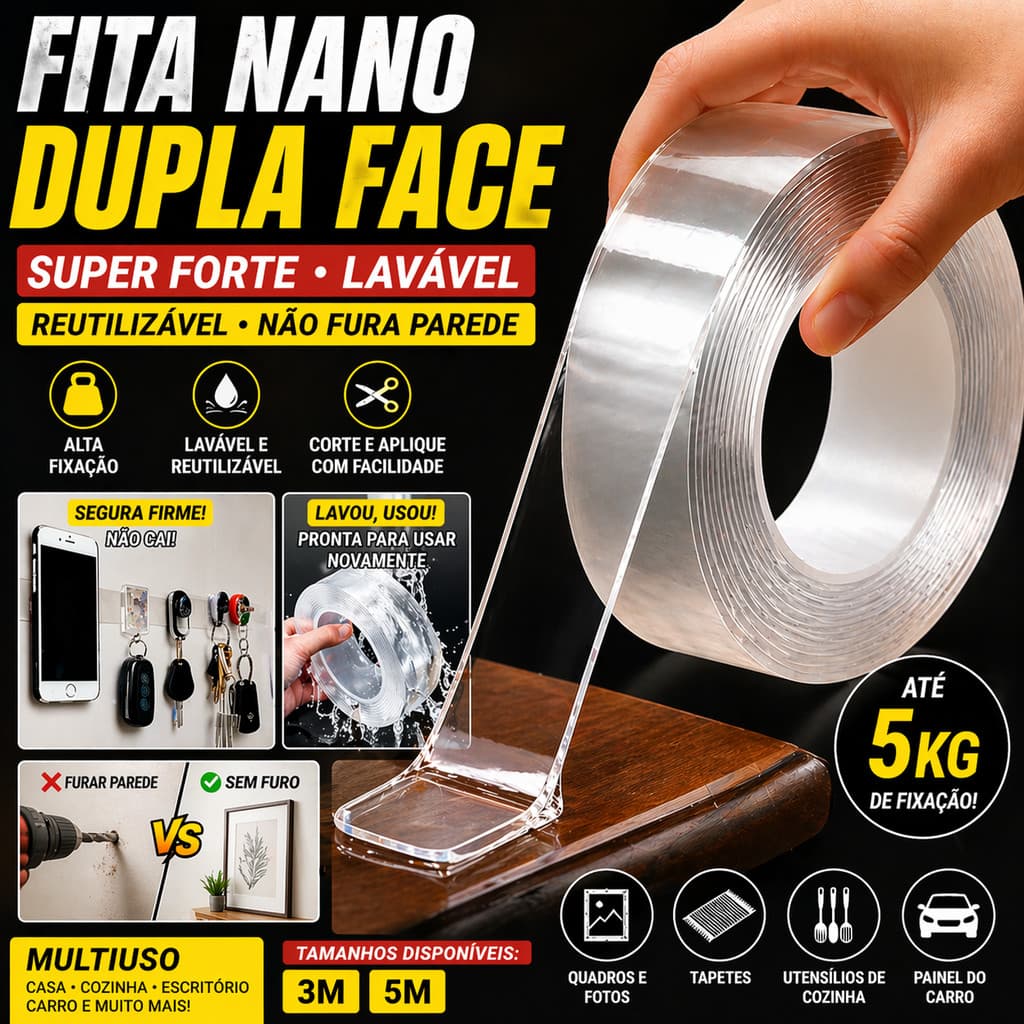 Fita Dupla Face Nano Gel Lavável Reutilizável 2mm Super Forte Alta Fixação Multiuso 3M 5M