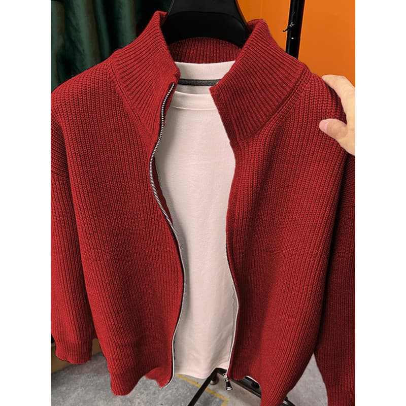 Homens outono inverno Casual cor sólida gola alta de malha Cardigan camisola jaqueta americana na moda solta duplo zíper