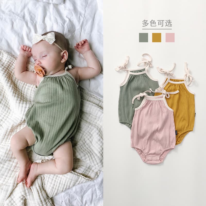 Ins Retro cor puro algodão Pit Strip bebê menina verão estilingue macacão bebê sem mangas macacão passeio macacão