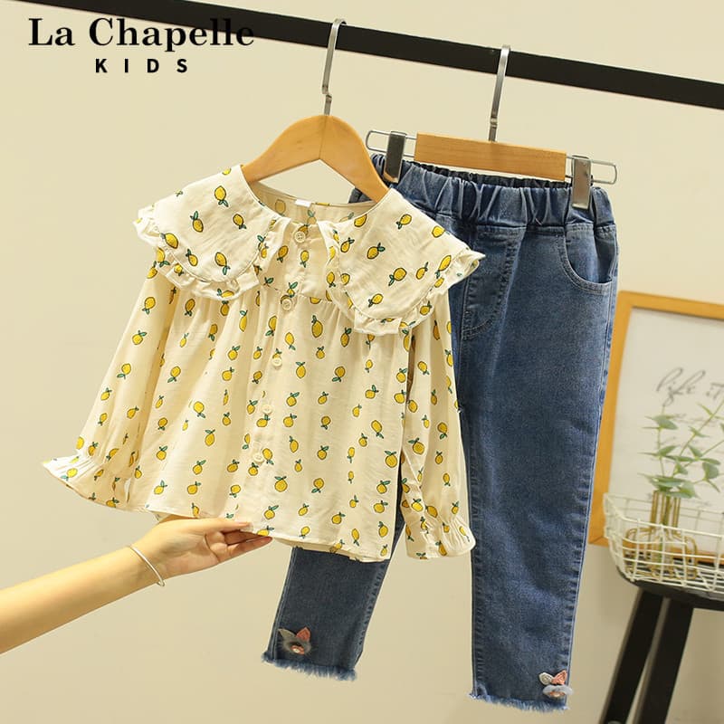 Lashebel roupas infantis terno para meninas primavera novo estilo moda infantil influenciador camisa de duas peças versã