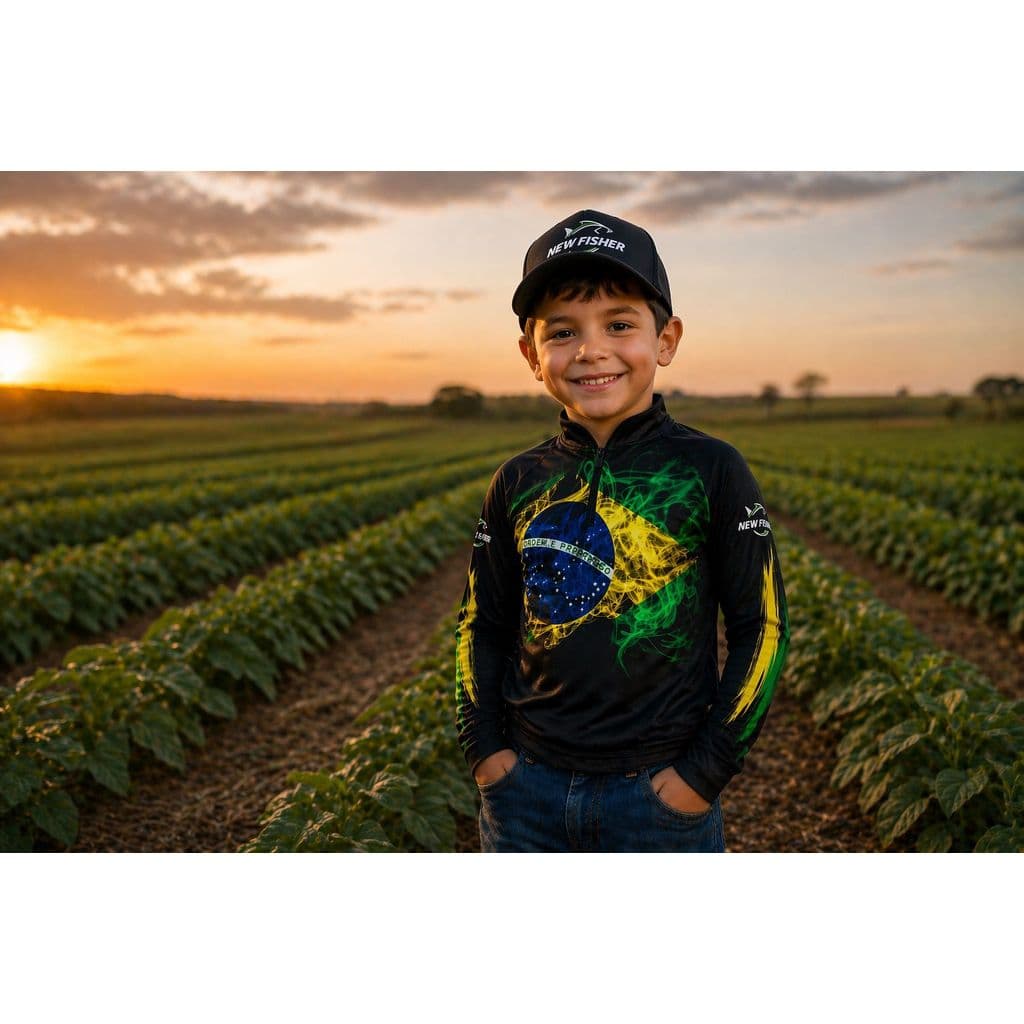 NF54Camiseta de Pesca Infantil Brasil Gola Zíper Proteção Solar UV New Fisher-  NF54i