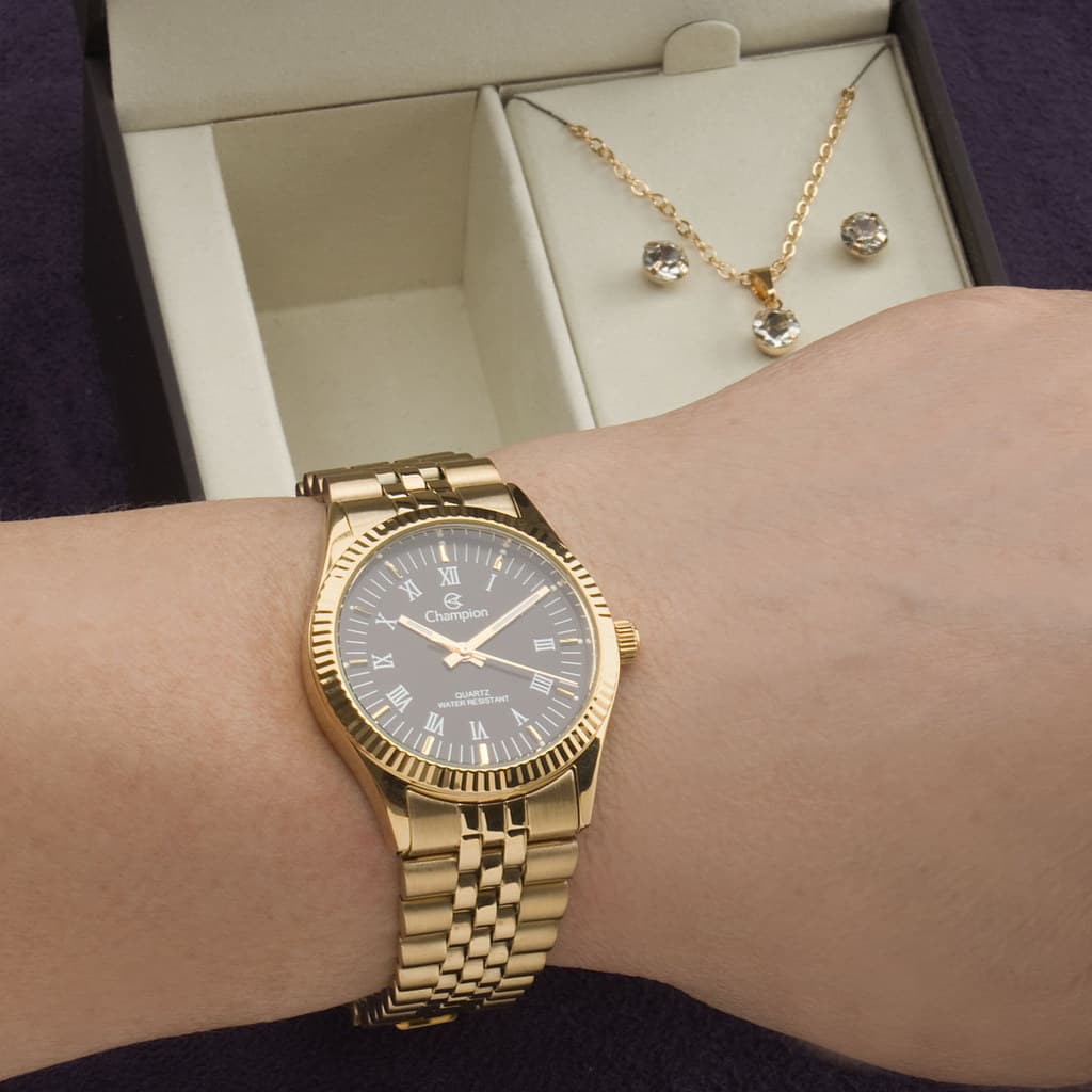 Relógio Feminino Champion Dourado Riviera Kit Colar e Brincos CH24777O