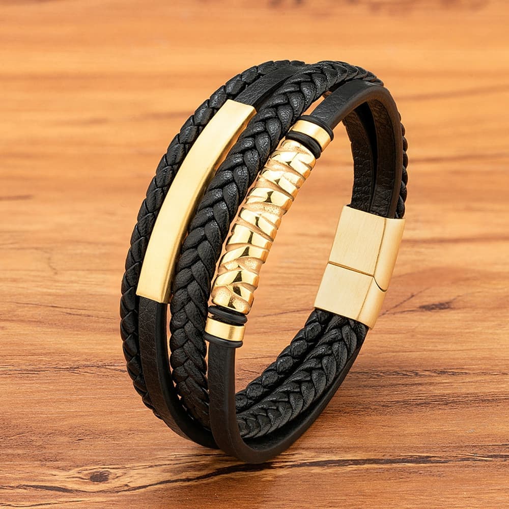 Bracelete De Couro Trançado Para Homens Pulseira De Aço Inoxidável Bangle Vintage Fashion Male Bracelets Punk Stylish Ro