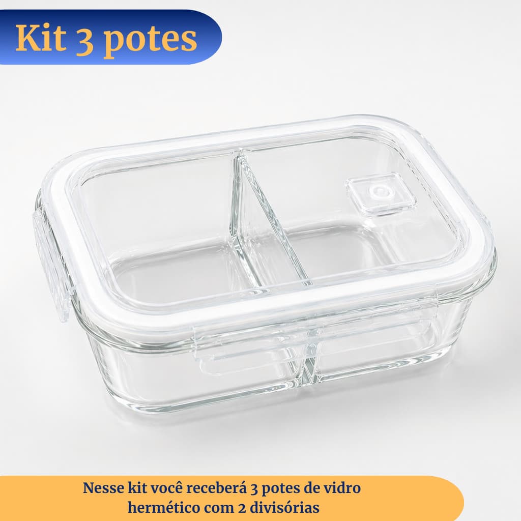 3 Potes Herméticos de Vidro Com 2 Divisórias 1000ml | Marmita