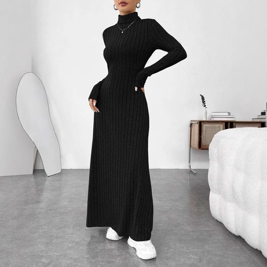 Vestido feminino elegante de outono e inverno, ajustado ao corpo, com gola alta, em cor sólida, canelado e com acabament