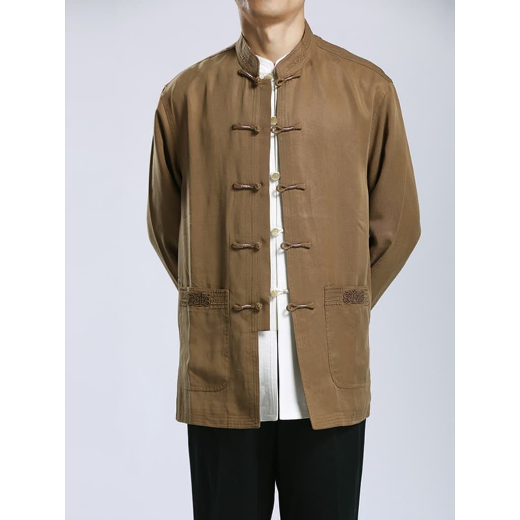 High-End masculino Tang terno primavera outono jaqueta novo estilo roupas étnicas pai terno estilo chinês fivela jaqueta