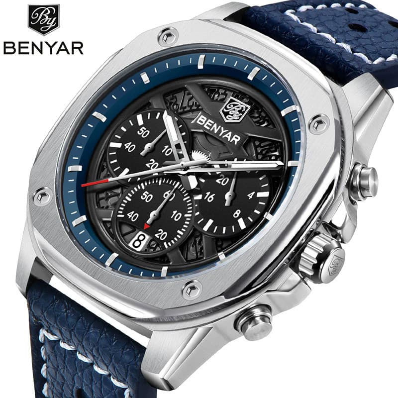 Relógio de Pulso Masculino Benyar, Cronógrafo, Calendário, Esportivo, Militar, Marca de Luxo, Couro Genuíno