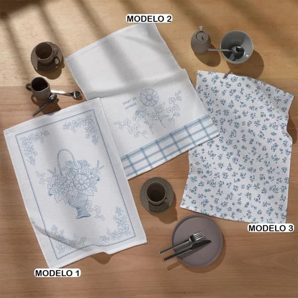 Kit 3 Peças Pano De Prato Felpudo Prata Estampado 45x65cm Dohler - Floral sereno