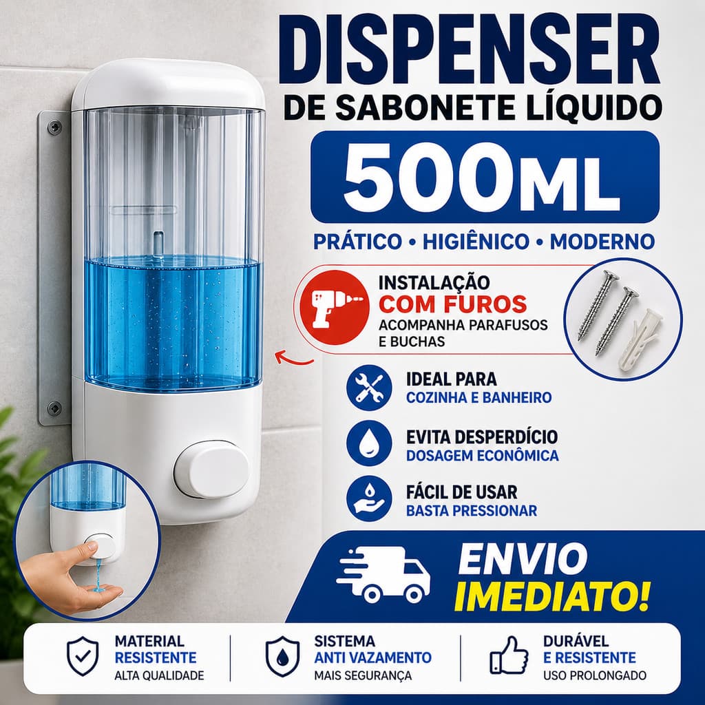 Dispenser de Sabonete Líquido 500ml de Parede porta Detergente Alcool Gel P/ Cozinha e Banheiro