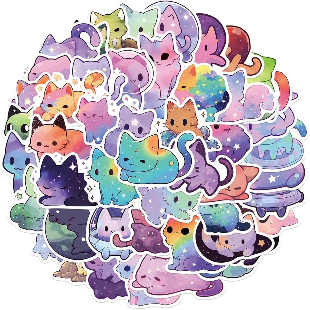 50 Adesivos de Gato com Céu Estrelado, Adesivos Estéticos e Fofos de Desenhos Animados com Arco-Íris, Adesivos de Vinil