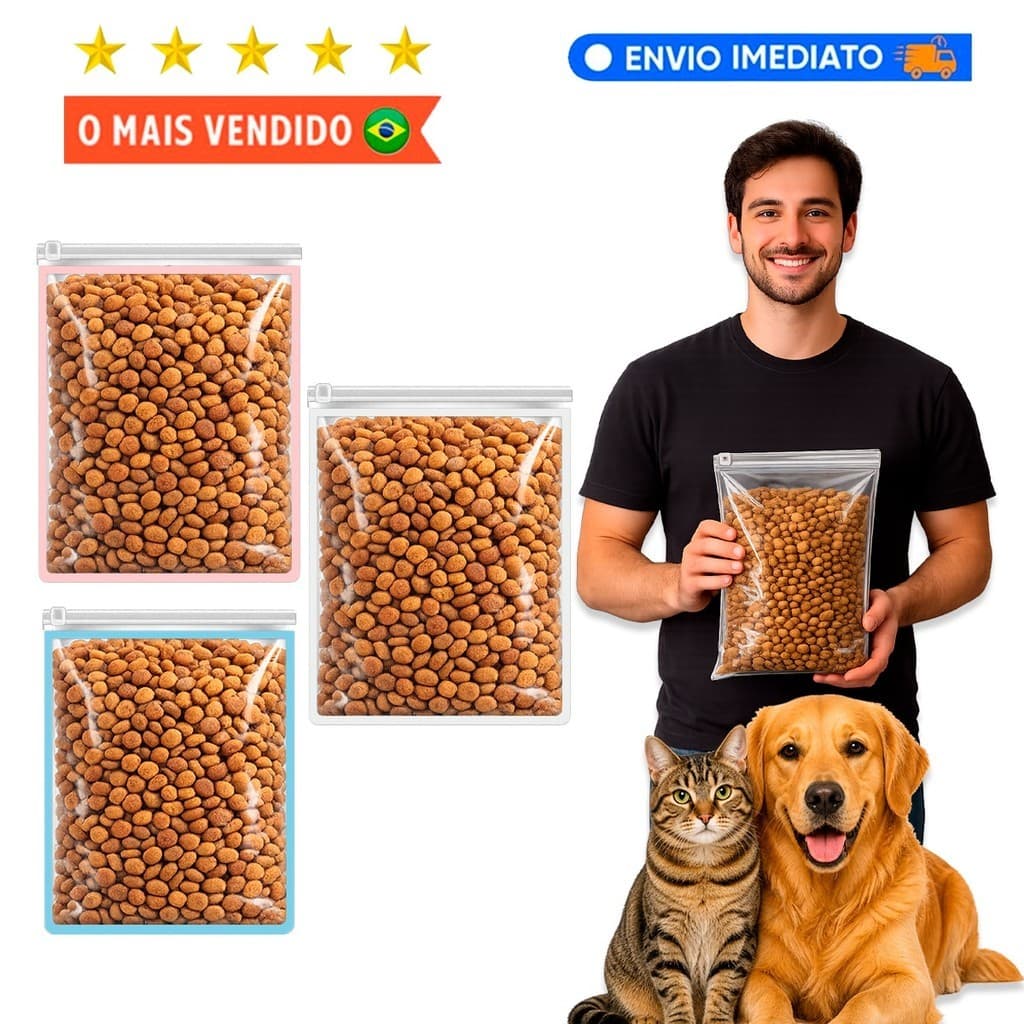 Kit Saquinho Ziplock Porta Ração Pet Praticidade Higiene Organização em Qualquer lugar