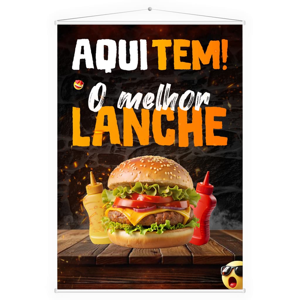 Banner Impressão Premium Faixa Divulgação Aqui Tem Lanche Hamburguer Lanchonete 60x40