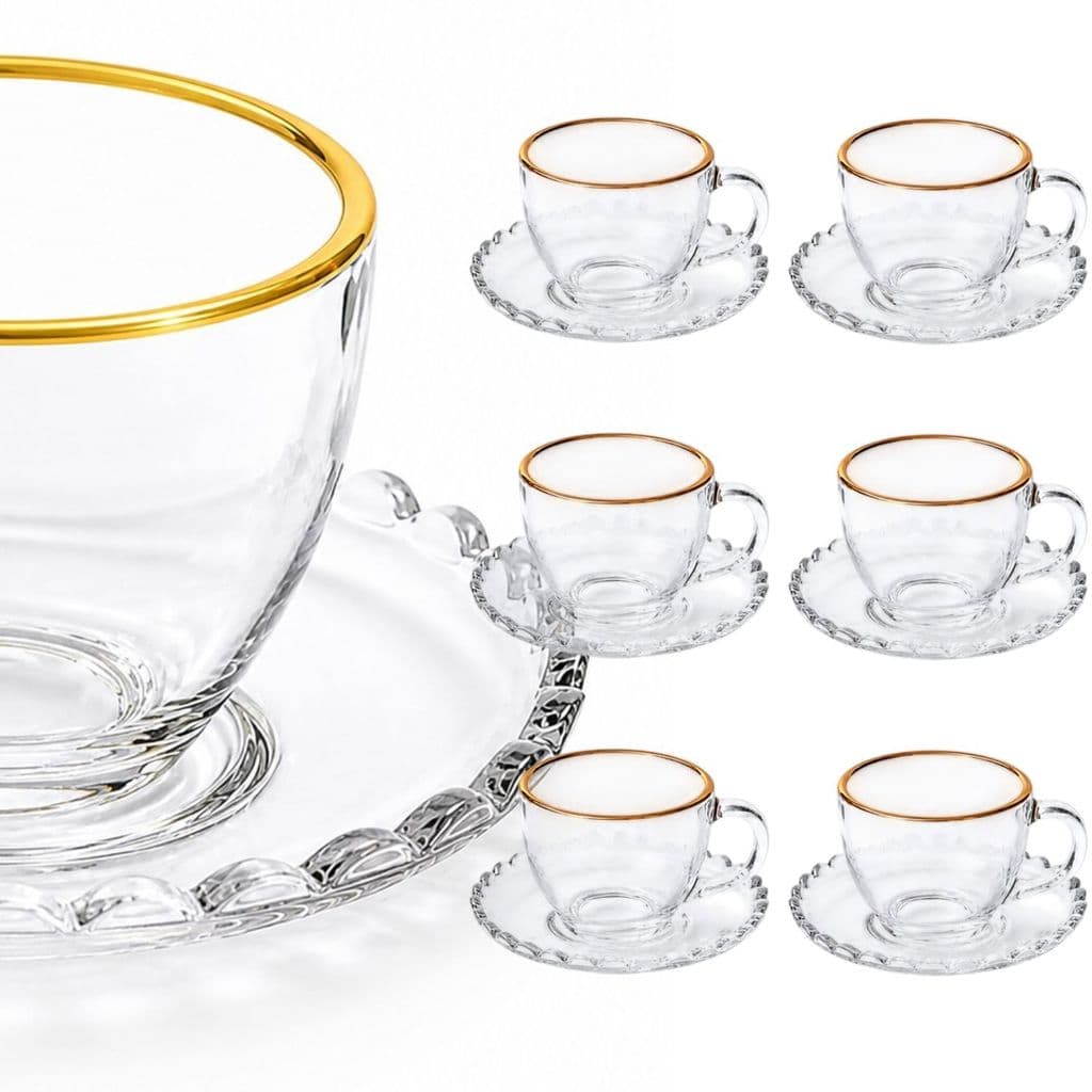 Jogo 6 Xícaras Vidro Com Pires comBorda De Ouro e simples 100ml Café Chá