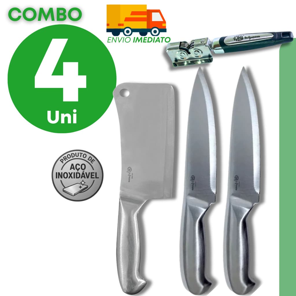 Jogo Cutelo Faca Peixeira e Afiador de Facas Aço Inox para Açougue Carne Filetar Peixe Churrascos
