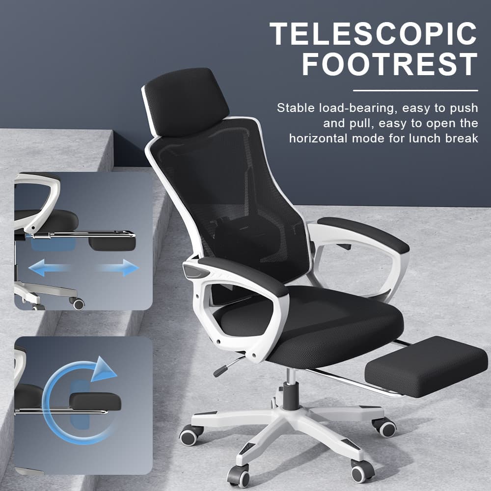 Cadeira de Rede Ergonômica Modelo 818, cores preto e branco, altura ajustável, rotação 360°, encosto respirável
