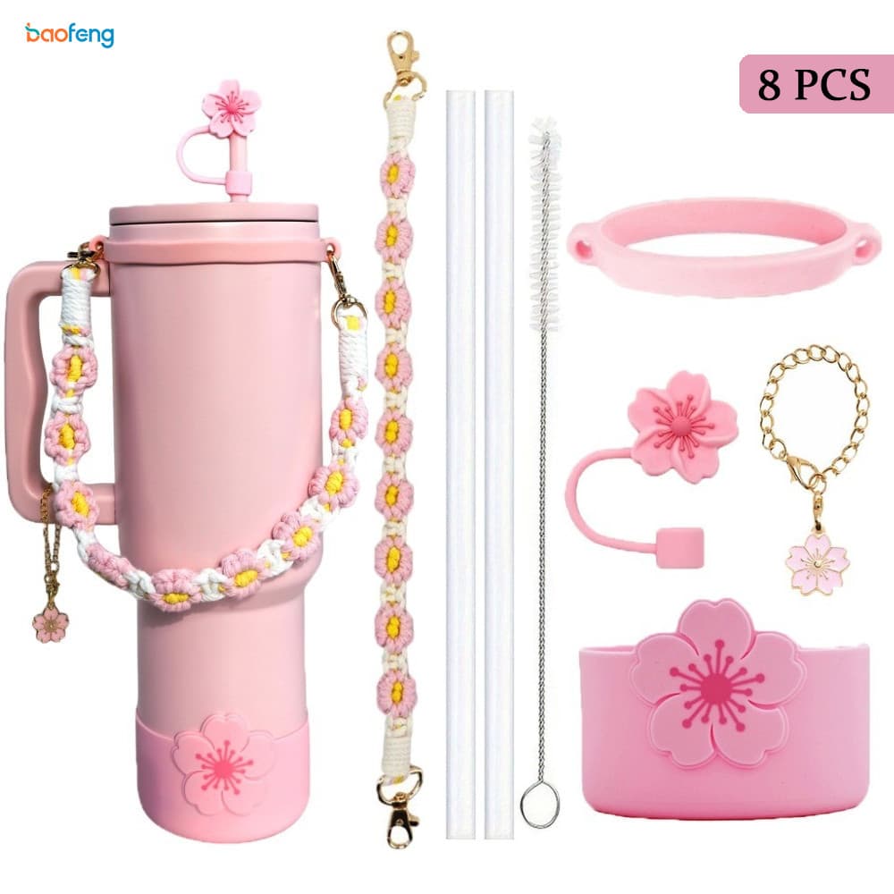 8 Pçs Tumbler Palha Capa & Garrafa De Água Silicone Bota Charme Conjunto , Begônia Forma Canudos Tampa E Pingente
