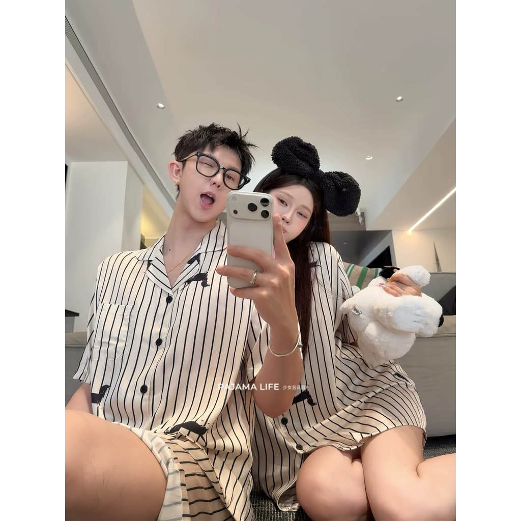 High-End listrado Dachshund cão casal pijamas das mulheres dos homens verão gelo seda estilo fino 2026 novo estilo Homew