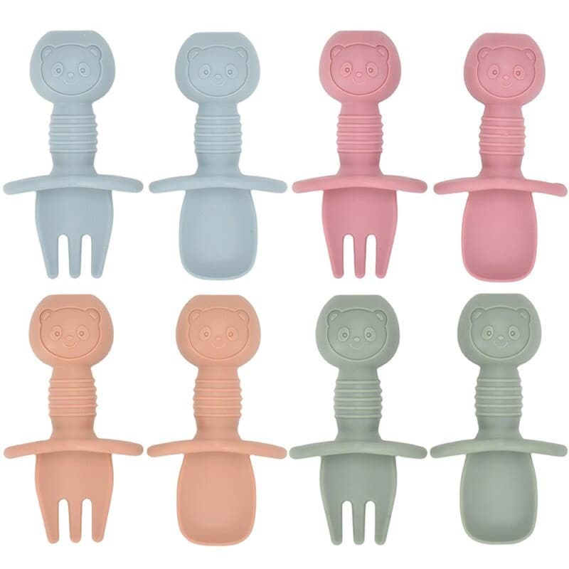Conjunto de 2 peças de mini garfo e colher de silicone de grau alimentício para bebês / Colher de alimentação para apren