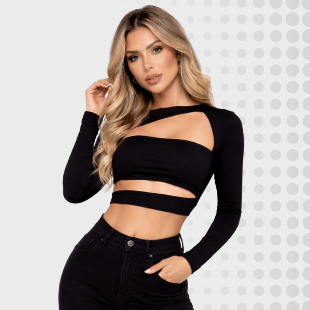 Cropped Feminino Manga Longa Suplex Premium Top Cropped Cut Out Blusa Cropped Moda Casual