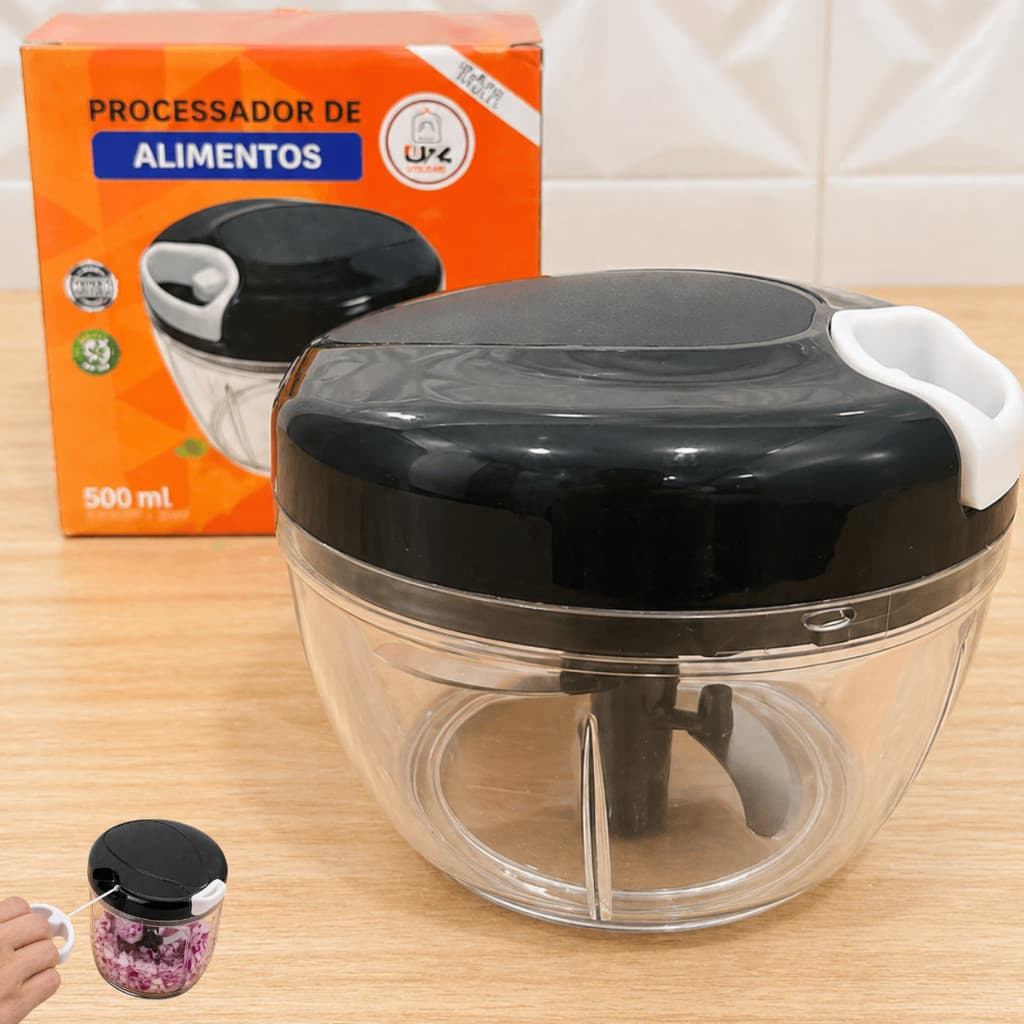 Mini Processador e Triturador de Alimentos Manual 500 mL Picador Cebola Alho Legumes 3 Lâminas Inox