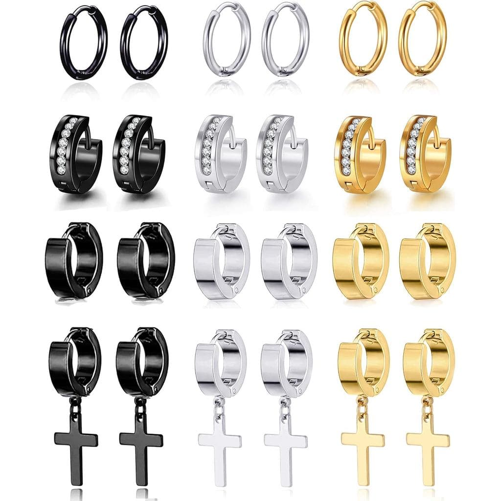 Conjunto de 12 Pares de Brincos Pequenos de Aço Inoxidável, Brincos Huggie com Zircônia Incrustada, Brincos Pendentes Ar