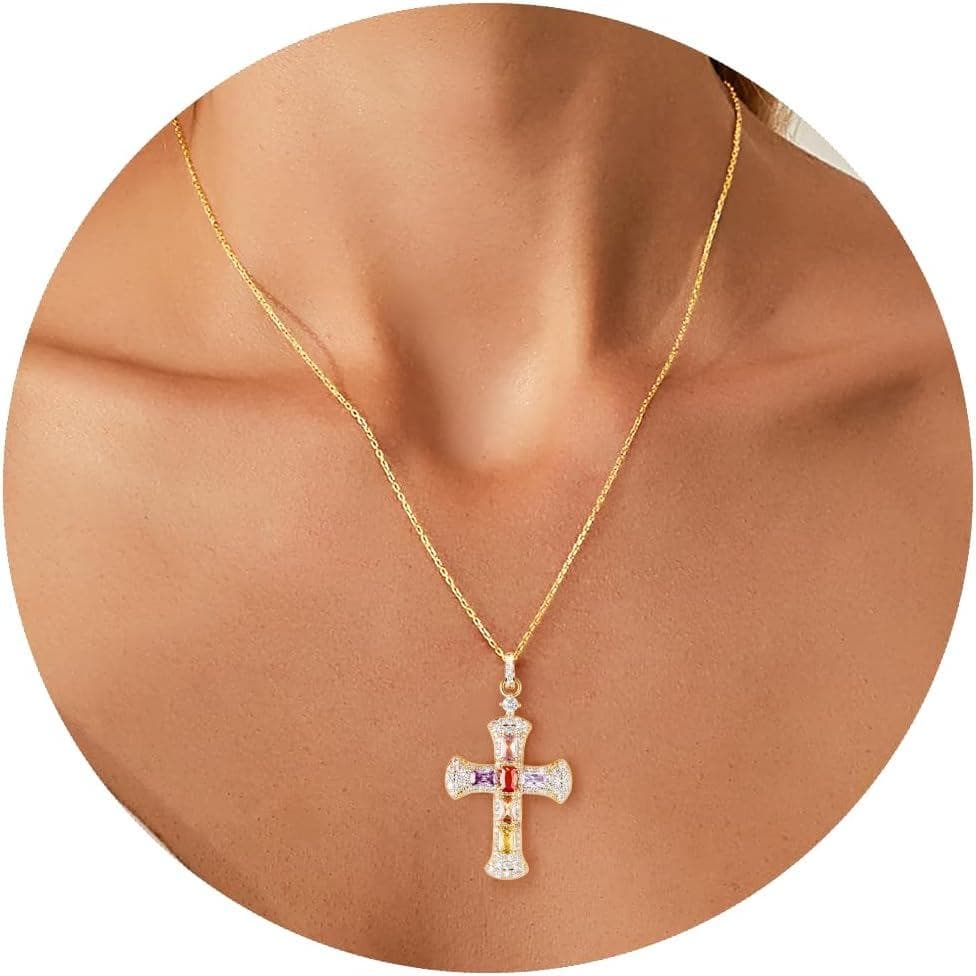 Colar delicado com cruz banhado a ouro 14K para mulheres, colares com pingentes de cruz em prata que não oxidam para mul