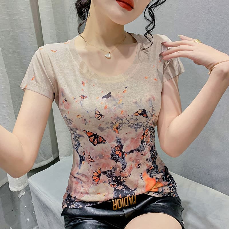 Retro moda impressa camiseta feminina 2024 verão novo estilo Design europeu sentido fino-ajuste All-match temperamento d