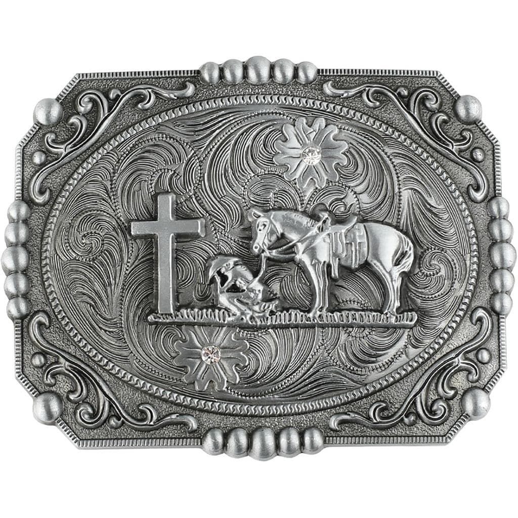 Fivelas de Cinto para Homens com Design de Cruz da Religião Ocidental, Cowboy Ajoelhado em Oração e Cavalo