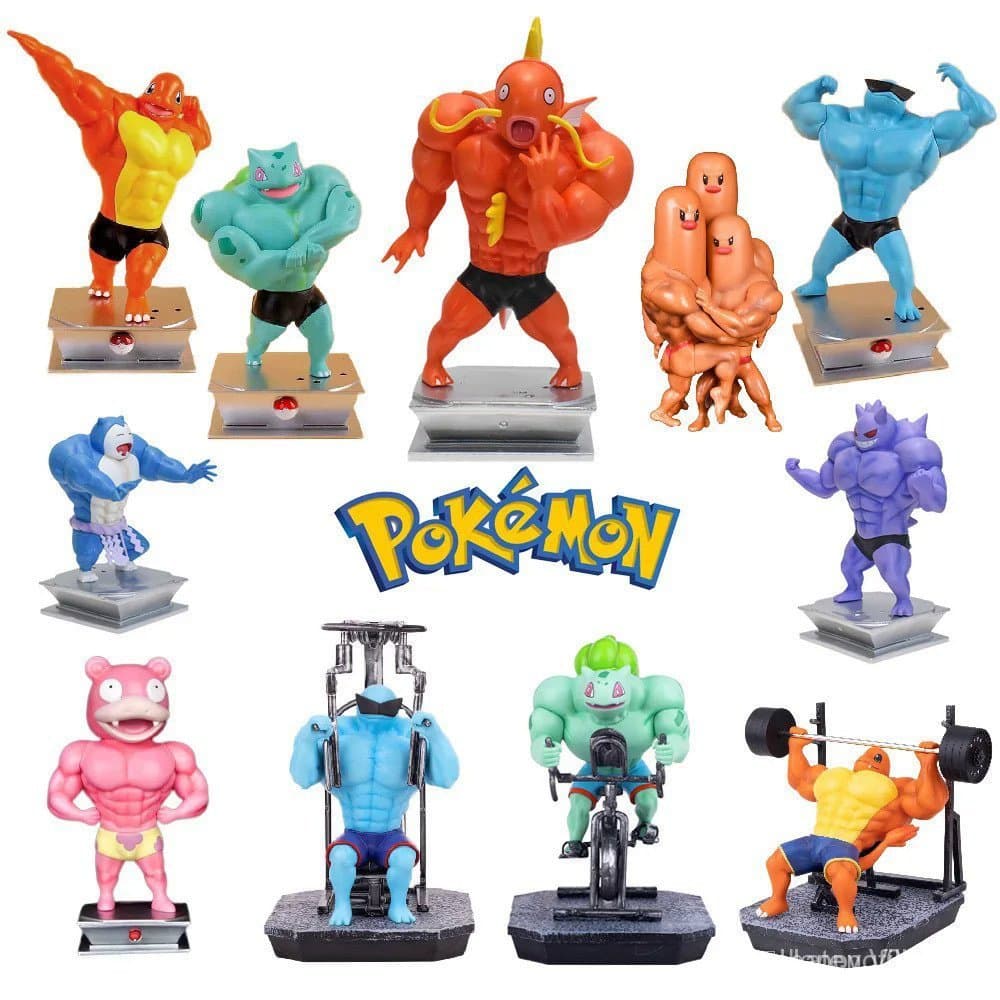 18cm Pokemon Figuras GYM Cartoon Fitness Muscle Man Charmander Bulbasuar Squirtle Action Figure Modelo Anime Estatueta