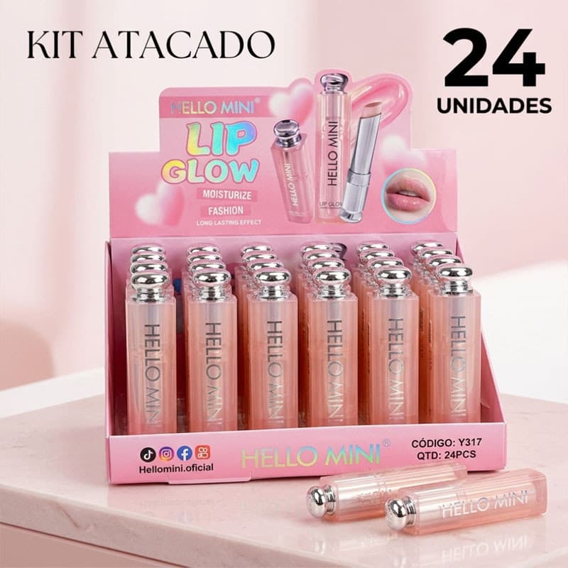 Kit 24 Unidades Batom Hello Mini Lip Glow - Atacado Revenda Muda de Cor pH Hidratante