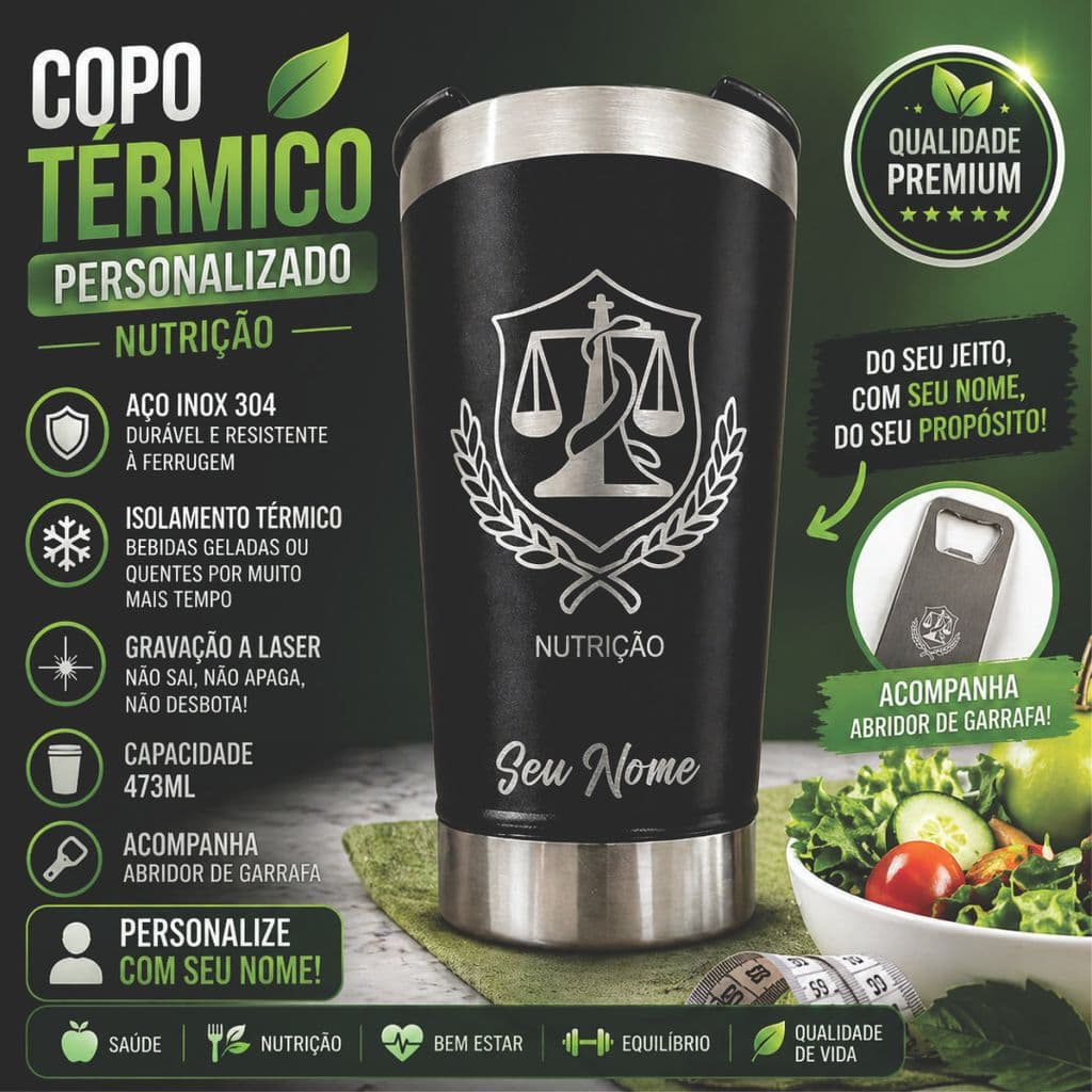 Copo Térmico Nutrição 473ml Personalizado Nome Nutricionista Inox + Abridor, Presente Ideal Nutricionista  Estudante