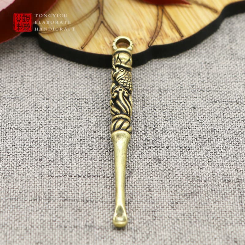 Colher de colheita de orelha de latão puro artesanal exclusivo colher de colheita de orelha chaveiro pingente pacote úni