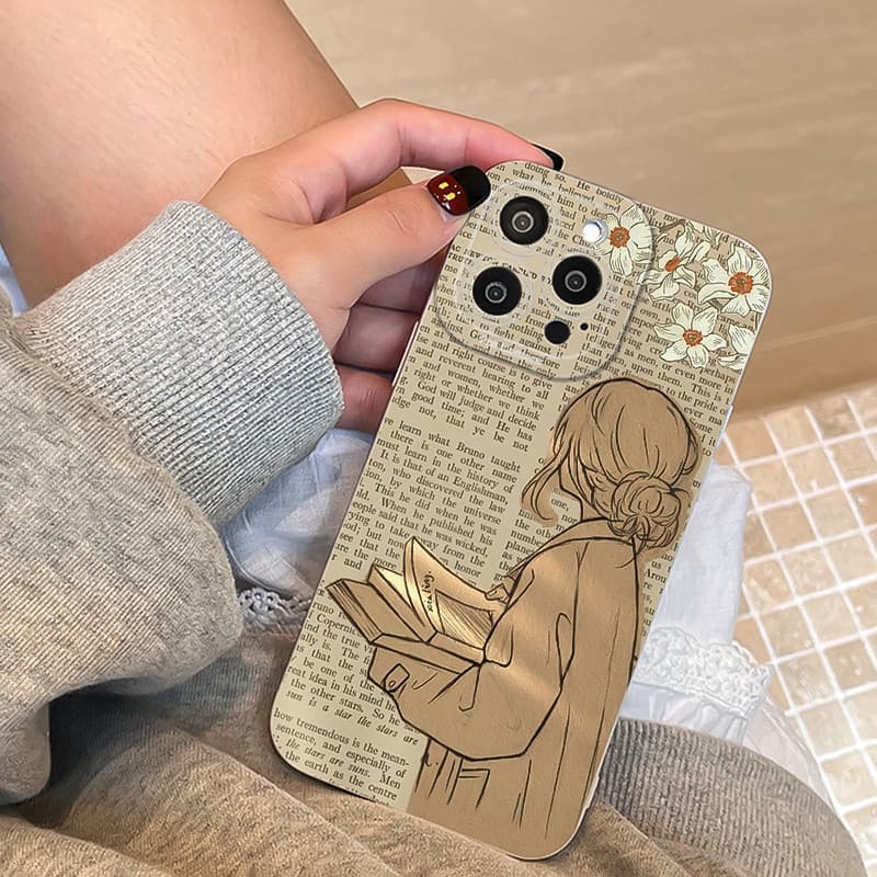 Capa de celular com padrão feminino de livros de literatura e arte, adequado para iPhone 16, 15, 14, 13, 12, 11