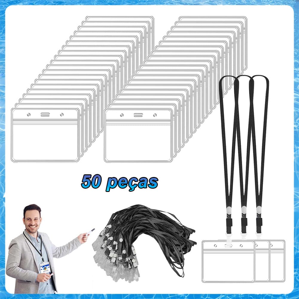 50x Porta-crachá horizontal de identificação com cordão preto – Selável, à Prova d’Água, com Capa e Clipe para Cordão