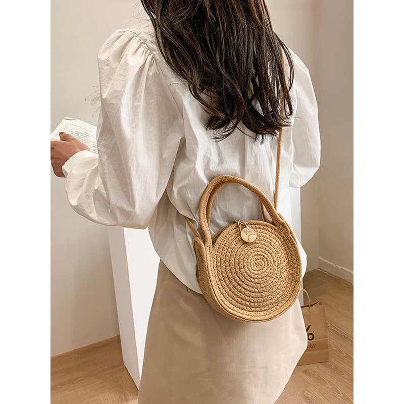 Bolsa de ombro portátil de palha transversal, bolsa de ombro com Design de nicho, pequena bolsa redonda tecida à mão, pe