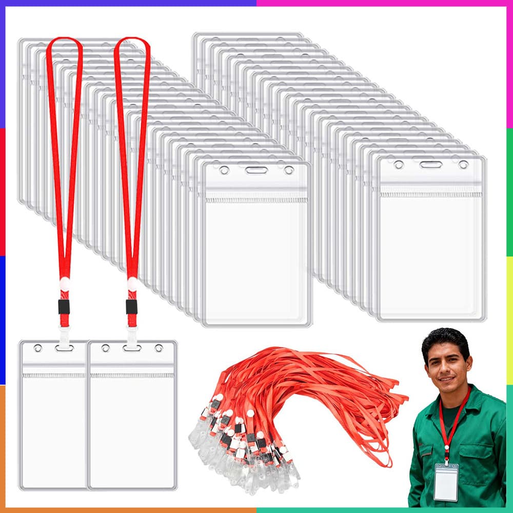 50 Pçs Conjunto de porta-cartão de identificação PVC transparente, e 50 Peças Cordões Vermelho, Porta-Crachá Verticais
